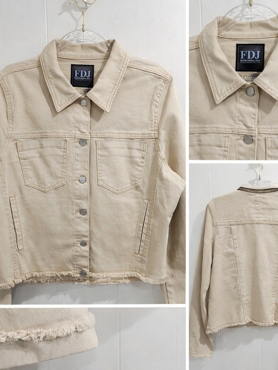 FDJ Cropped Denim Jacket M Beige Frayed Hem Stretch Button Front Casual Chic - Picture 2 of 15